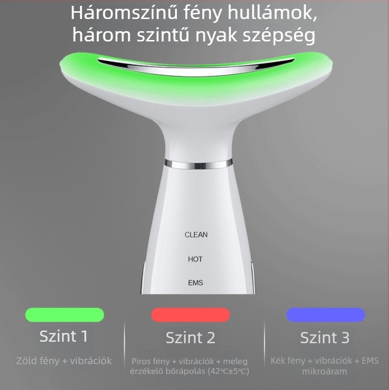Nyaki szépségkészülék arcmaszázzsal, lifting és melegítés funkcióval; ultrahangos és színfény terápiával; negatív/pozitív ion terápiával; beépített akkumulátor 500–800 mAh