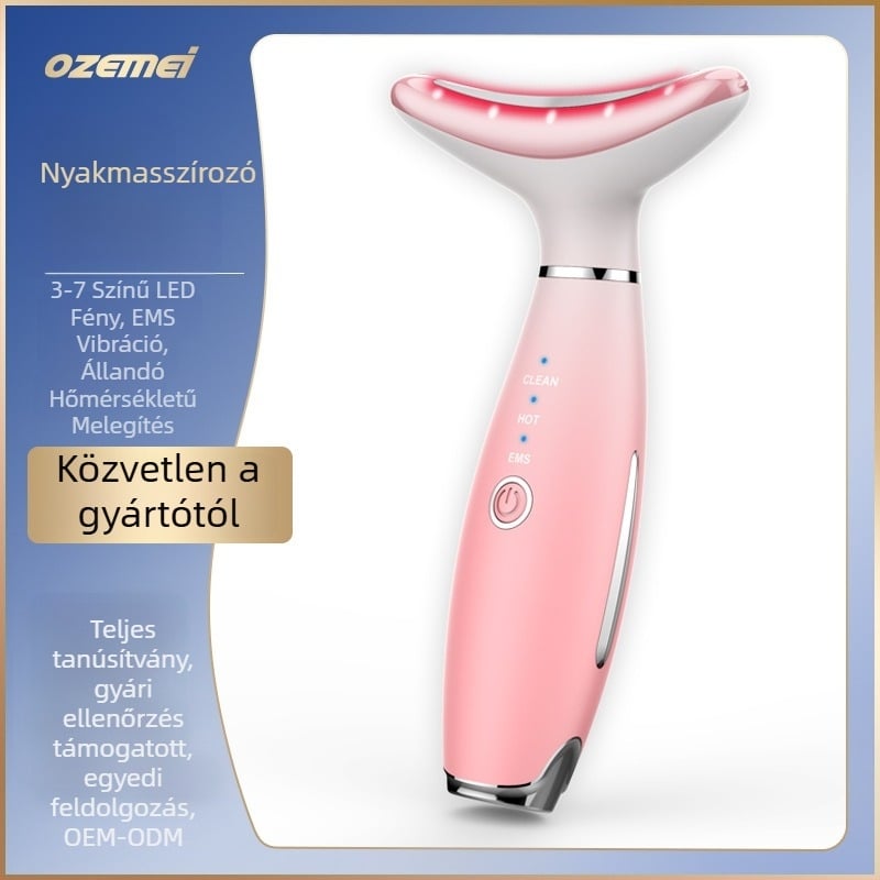 Nyaki szépségkészülék arcmaszázzsal, lifting és melegítés funkcióval; ultrahangos és színfény terápiával; negatív/pozitív ion terápiával; beépített akkumulátor 500–800 mAh