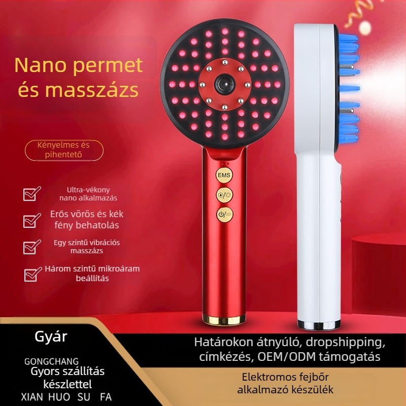 Elektromos fejmasszírozó fésű – vibrációs masszázs, modell S2, elemről működik, mechanikus vezérlés, 4 sebesség