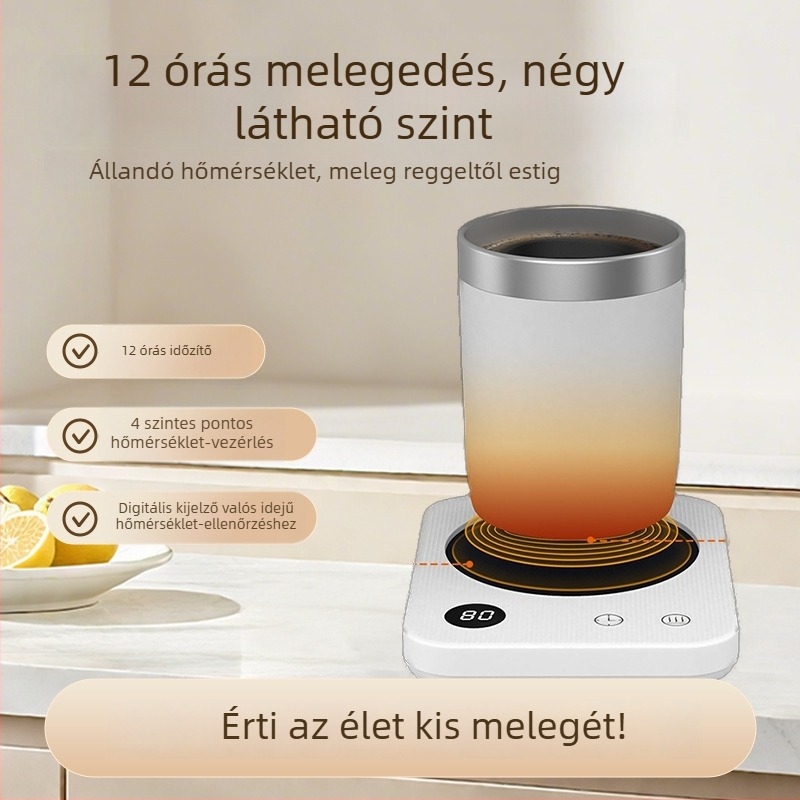 Melegítő poháralátét 4 szintű hőmérsékletszabályozással, 80°C-ig, érintéses vezérlés, AC tápegység, automatikus kikapcsolás