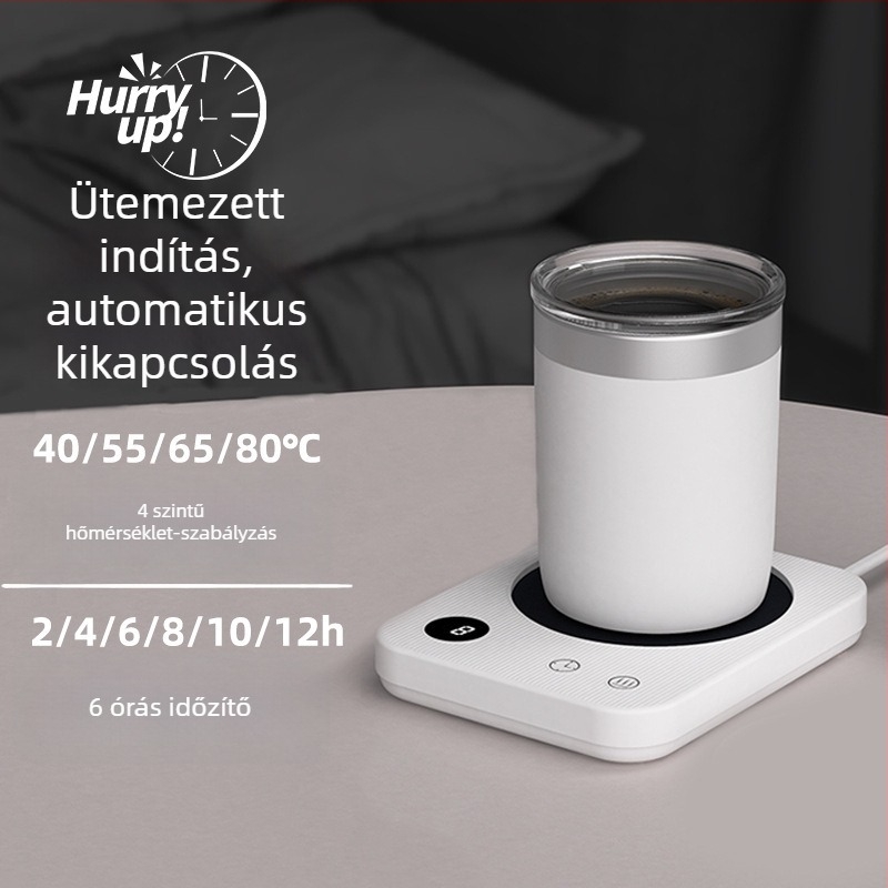 Melegítő poháralátét 4 szintű hőmérsékletszabályozással, 80°C-ig, érintéses vezérlés, AC tápegység, automatikus kikapcsolás