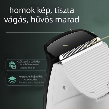 Hajvágó brushless motorral, titán ötvözetű vágófej, beépített 1200–2000 mAh-s akkumulátor, csendes működés 36 dB alatt, levehető és mosható vágófej