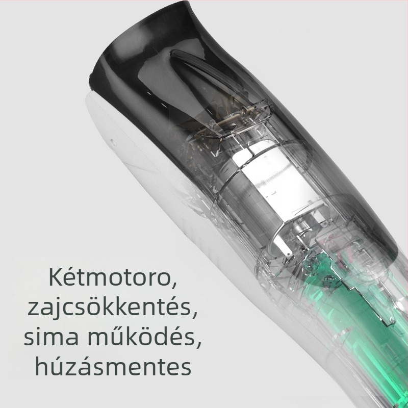 Hajvágó brushless motorral, titán ötvözetű vágófej, beépített 1200–2000 mAh-s akkumulátor, csendes működés 36 dB alatt, levehető és mosható vágófej