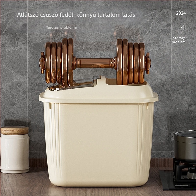 Rizs tároló tartály billenthető fedővel, nedvesség- és kártevőmentes, PP anyagú, kapacitás több mint 10 L, logó testreszabás