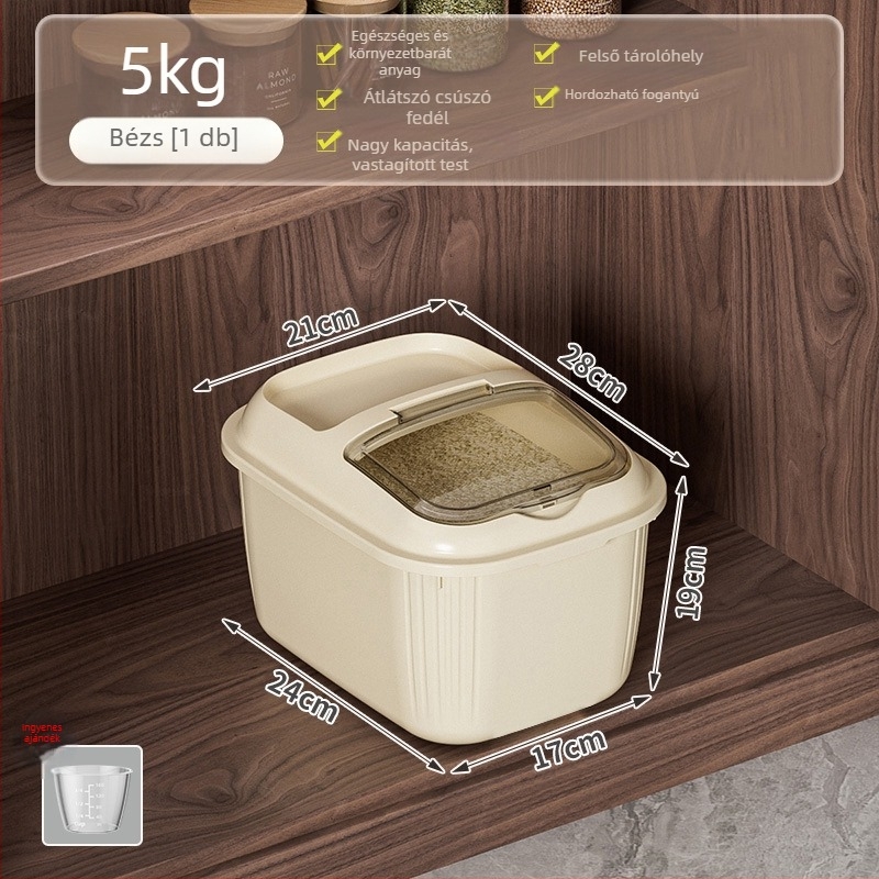 Rizs tároló tartály billenthető fedővel, nedvesség- és kártevőmentes, PP anyagú, kapacitás több mint 10 L, logó testreszabás