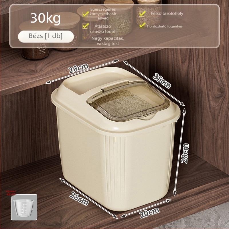 Rizs tároló tartály billenthető fedővel, nedvesség- és kártevőmentes, PP anyagú, kapacitás több mint 10 L, logó testreszabás