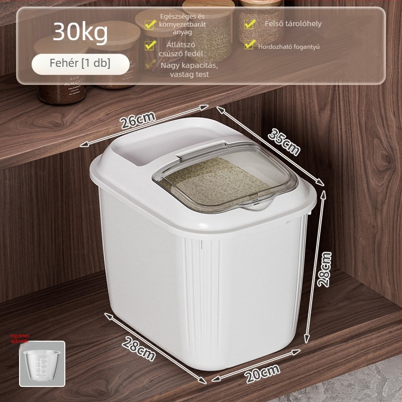 Rizs tároló tartály billenthető fedővel, nedvesség- és kártevőmentes, PP anyagú, kapacitás több mint 10 L, logó testreszabás