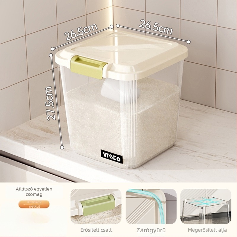 Rizstároló doboz; zárható, nedvességálló és kártevő-mentes; anyag: műanyag (PP); kapacitás 10 L vagy nagyobb; logó nyomtatása elérhető.