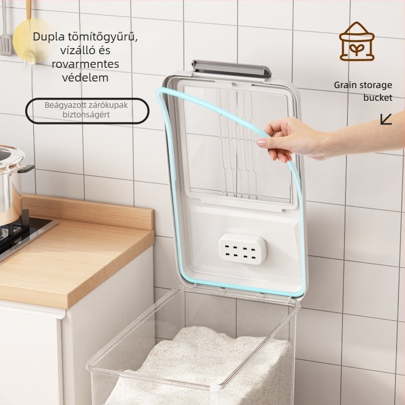 Rizstároló doboz fedővel; élelmiszer-minőségű PP műanyag; zárható, nedvességálló és rovarbiztos; Mu Ming