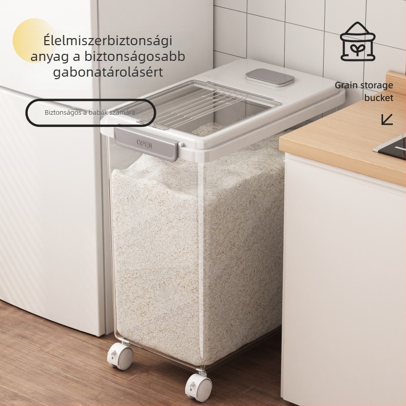 Rizstároló doboz fedővel; élelmiszer-minőségű PP műanyag; zárható, nedvességálló és rovarbiztos; Mu Ming