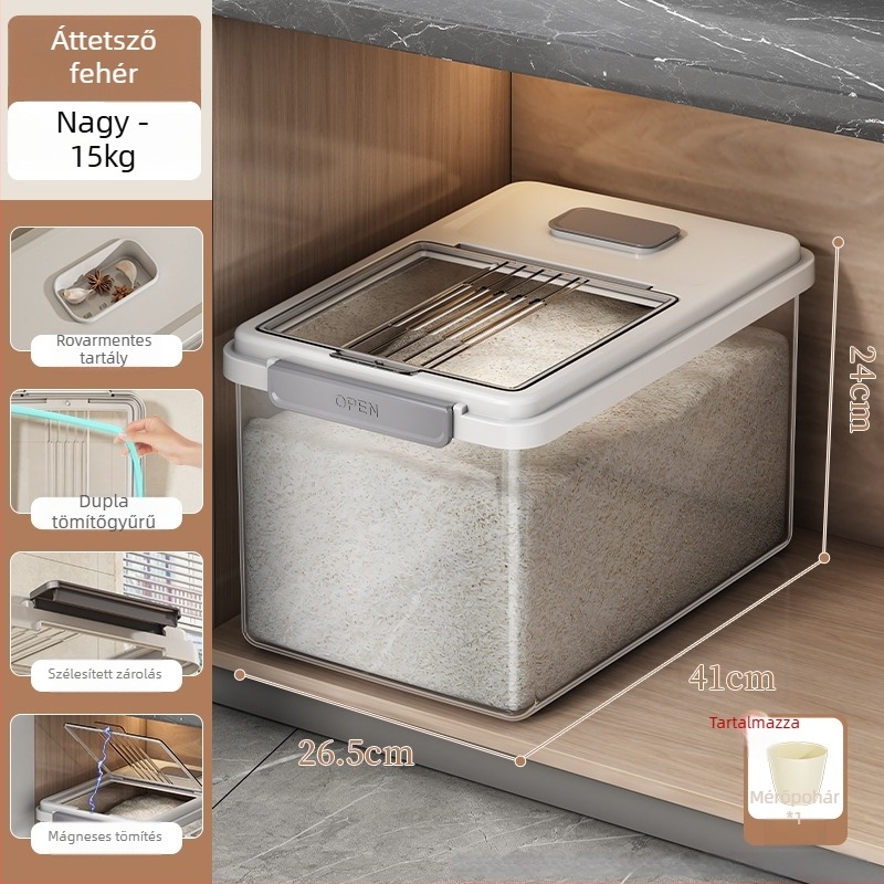 Rizstároló doboz fedővel; élelmiszer-minőségű PP műanyag; zárható, nedvességálló és rovarbiztos; Mu Ming