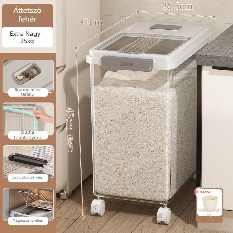 Rizstároló doboz fedővel; élelmiszer-minőségű PP műanyag; zárható, nedvességálló és rovarbiztos; Mu Ming