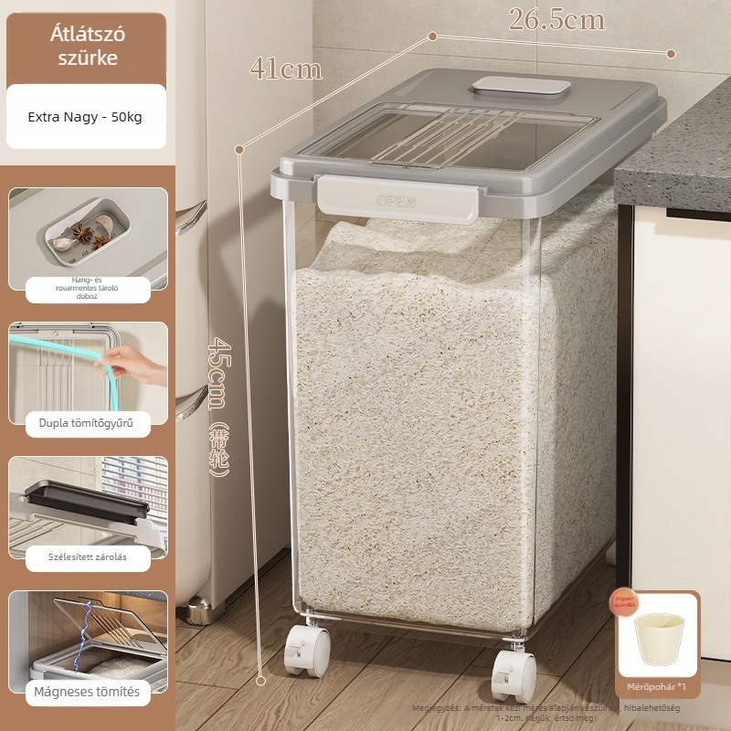 Rizstároló doboz fedővel; élelmiszer-minőségű PP műanyag; zárható, nedvességálló és rovarbiztos; Mu Ming