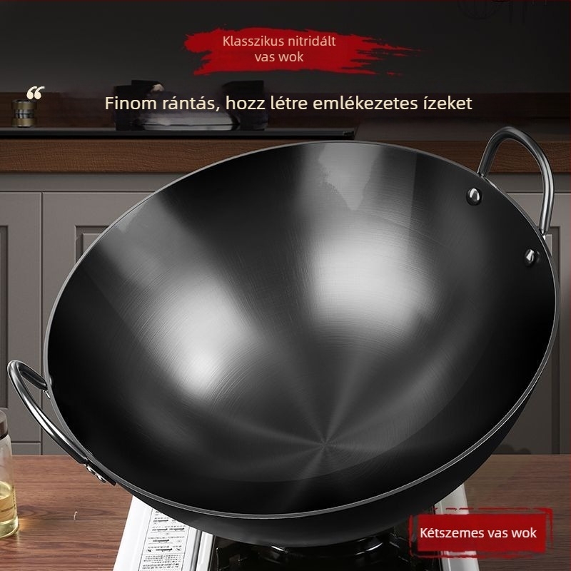 Nitridált kettőfülű wok gáztűzhelyhez, vastag vasból készült edény otthoni főzéshez