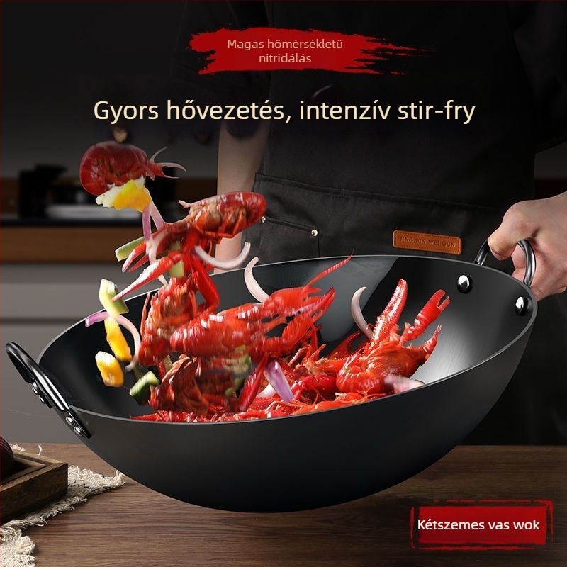 Nitridált kettőfülű wok gáztűzhelyhez, vastag vasból készült edény otthoni főzéshez