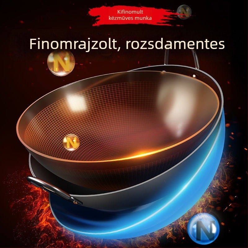 Nitridált kettőfülű wok gáztűzhelyhez, vastag vasból készült edény otthoni főzéshez