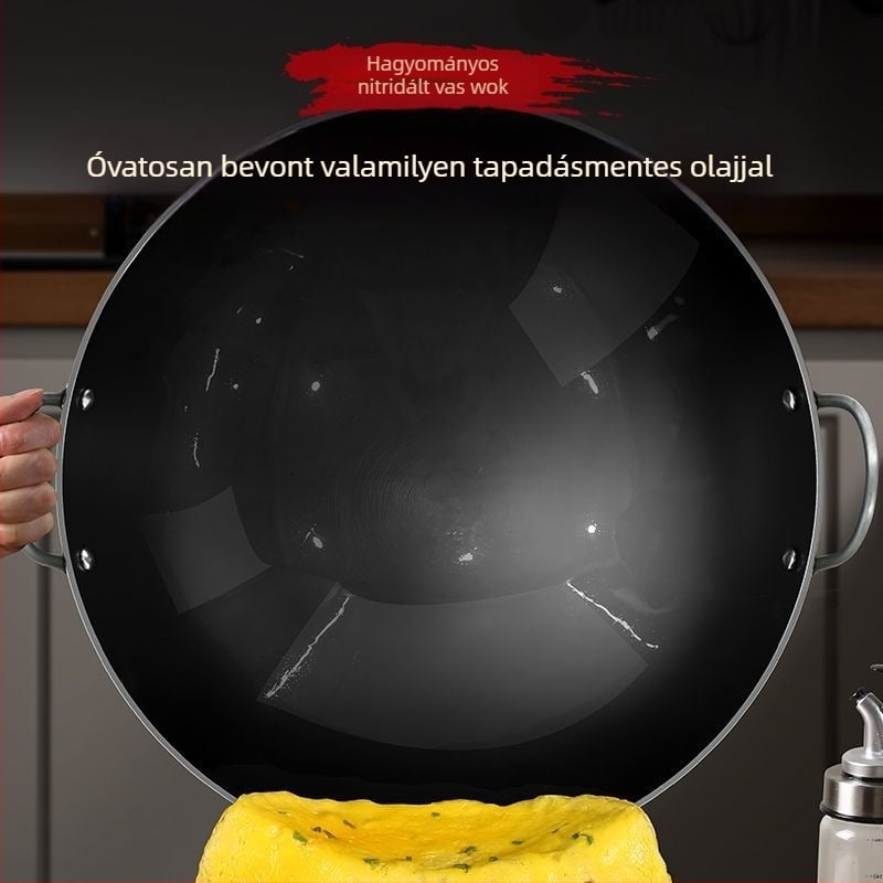 Nitridált kettőfülű wok gáztűzhelyhez, vastag vasból készült edény otthoni főzéshez
