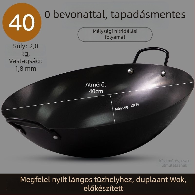 Nitridált kettőfülű wok gáztűzhelyhez, vastag vasból készült edény otthoni főzéshez