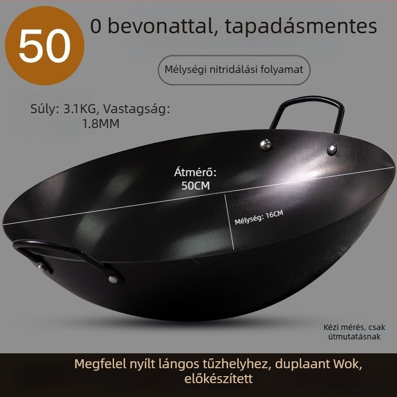 Nitridált kettőfülű wok gáztűzhelyhez, vastag vasból készült edény otthoni főzéshez