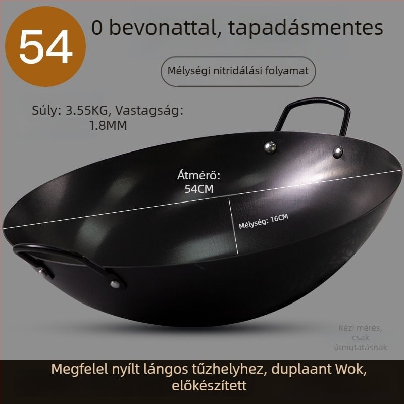Nitridált kettőfülű wok gáztűzhelyhez, vastag vasból készült edény otthoni főzéshez