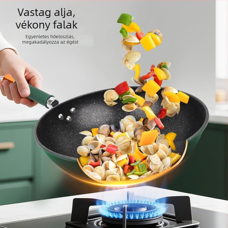 Finomított vasból készült wok tapadásmentes bevonattal (Megvastagított sík aljzat; Indukciós és gáz tűzhely kompatibilis; Súly 1,2 kg)
