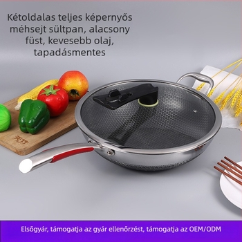 316-os rozsdamentes acél wok, felület méhsejt mintázatú és tapadásmentes, több rétegű alj és üveggel ellátott fedél