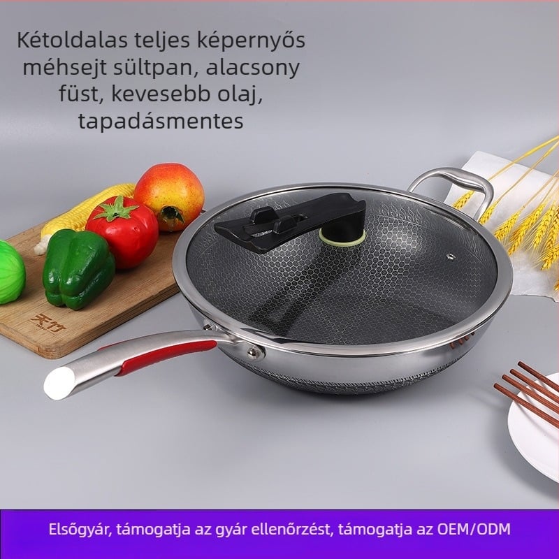 316-os rozsdamentes acél wok, felület méhsejt mintázatú és tapadásmentes, több rétegű alj és üveggel ellátott fedél