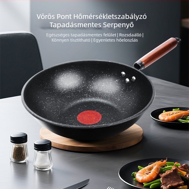 Wok serpenyő tapadásmentes bevonattal, finomított vasból, többrétegű aljzat, 8 cm mélység, 1,5 kg