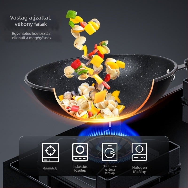 Wok serpenyő tapadásmentes bevonattal, finomított vasból, többrétegű aljzat, 8 cm mélység, 1,5 kg