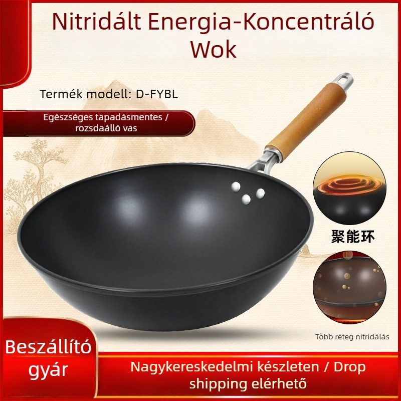 Bevonat nélküli öntöttvas wok, gáztűzhelyhez alkalmas, könnyű, 1,3 kg, egységes aljzattal
