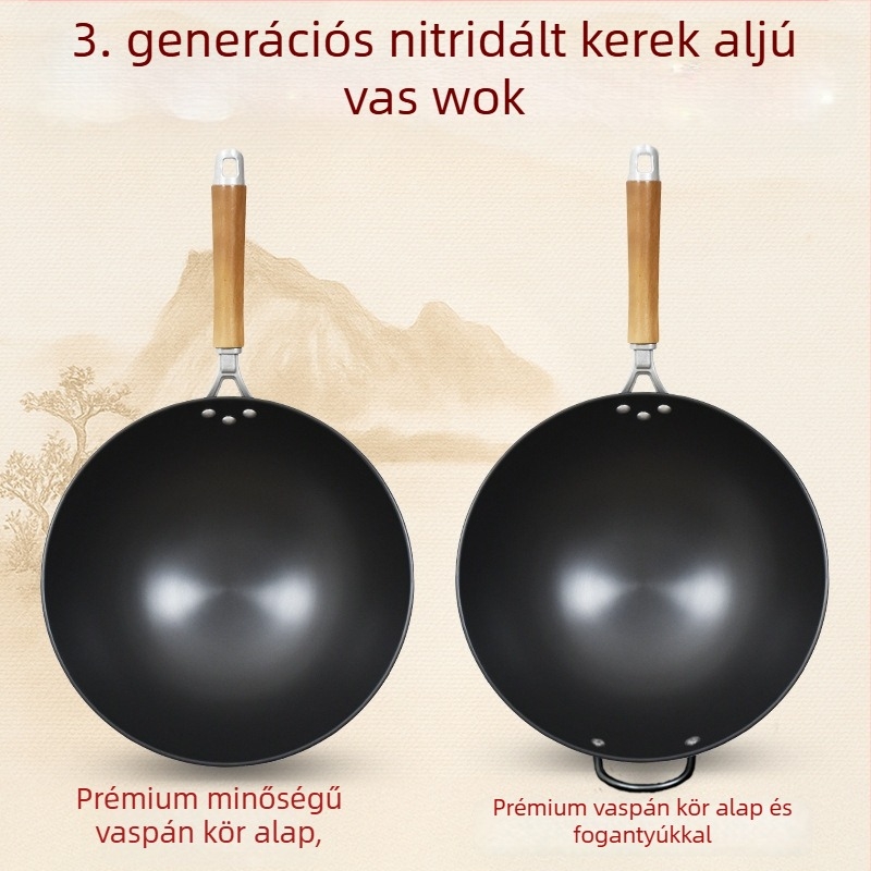 Bevonat nélküli öntöttvas wok, gáztűzhelyhez alkalmas, könnyű, 1,3 kg, egységes aljzattal