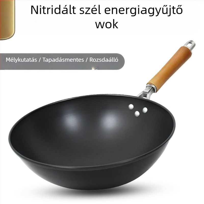 Bevonat nélküli öntöttvas wok, gáztűzhelyhez alkalmas, könnyű, 1,3 kg, egységes aljzattal