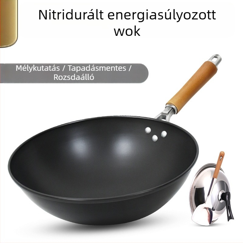 Bevonat nélküli öntöttvas wok, gáztűzhelyhez alkalmas, könnyű, 1,3 kg, egységes aljzattal