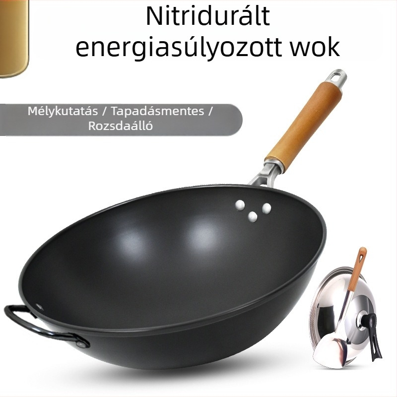 Bevonat nélküli öntöttvas wok, gáztűzhelyhez alkalmas, könnyű, 1,3 kg, egységes aljzattal