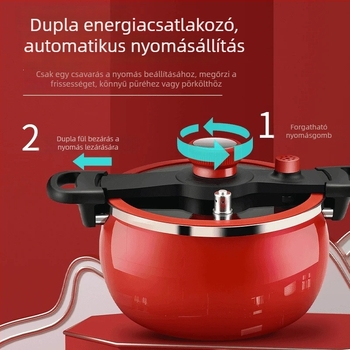 Zománcozott vasból készült leveses fazék kettős fogantyúval, kapacitás 5 L vagy nagyobb, üvegfedő, kompatibil gáz- és indukciós főzőfelülettel