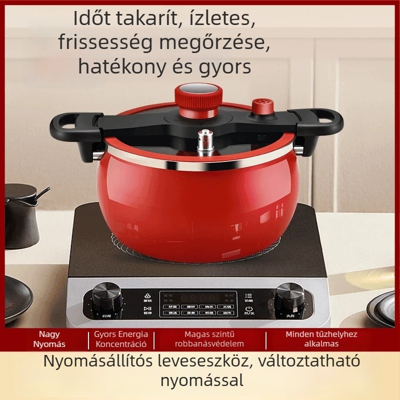 Zománcozott vasból készült leveses fazék kettős fogantyúval, kapacitás 5 L vagy nagyobb, üvegfedő, kompatibil gáz- és indukciós főzőfelülettel