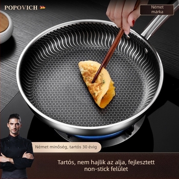 Bevonat nélküli 316L rozsdamentes acél serpenyő, többrétegű aljzattal, indukciós és gáztűzhellyel kompatibilis, üvegfedél