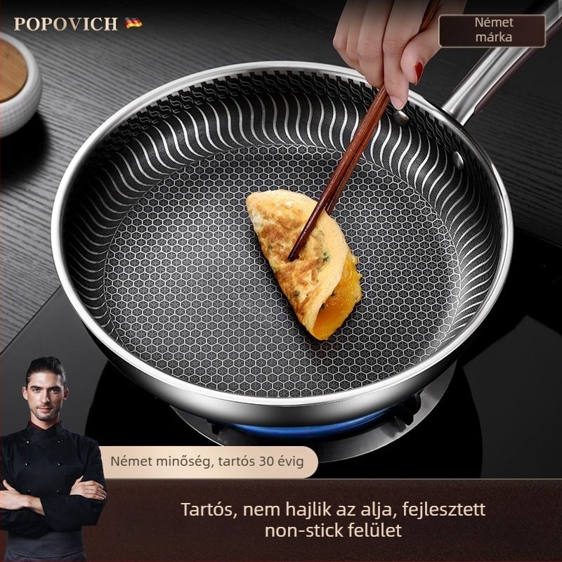 Bevonat nélküli 316L rozsdamentes acél serpenyő, többrétegű aljzattal, indukciós és gáztűzhellyel kompatibilis, üvegfedél