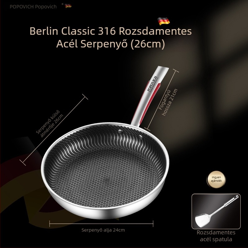 Bevonat nélküli 316L rozsdamentes acél serpenyő, többrétegű aljzattal, indukciós és gáztűzhellyel kompatibilis, üvegfedél