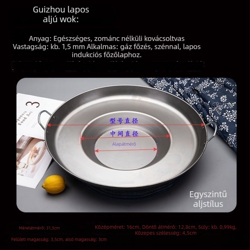 Wok serpenyő konkáv aljú, finomított vasból, bevonat nélküli, fedő rozsdamentes acélból