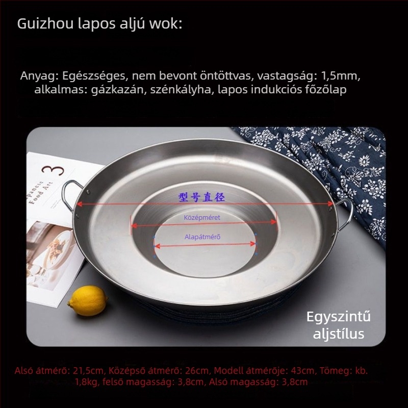 Wok serpenyő konkáv aljú, finomított vasból, bevonat nélküli, fedő rozsdamentes acélból