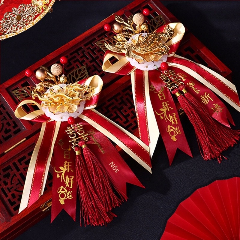 Esküvői corsage sárkány és phoenix motívummal, menyasszony és vőlegény részére, kínai stílusú brooch és rever csat, ötvözet mesterséges jade