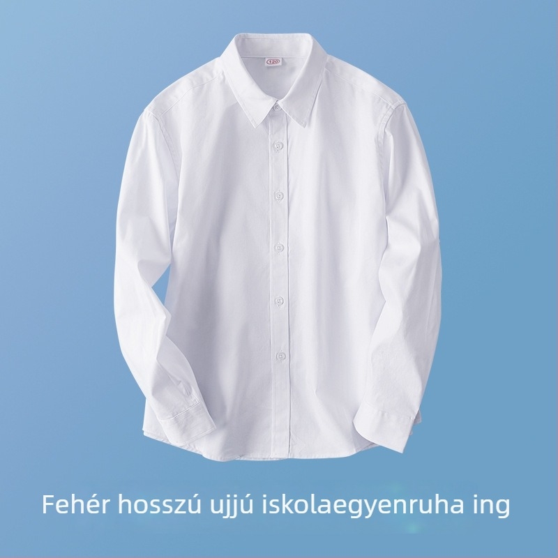 Gyerekeknek szóló ing, hosszú ujjú, rever galléros, 100% pamut, egyszínű, középiskolás fiúknak, tavasz-ősz