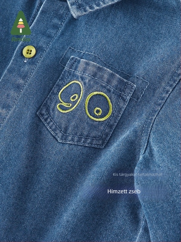 Gyerekeknek szóló denim ing betűs nyomással, mosott pamut anyag, hosszú ujjú, gallér