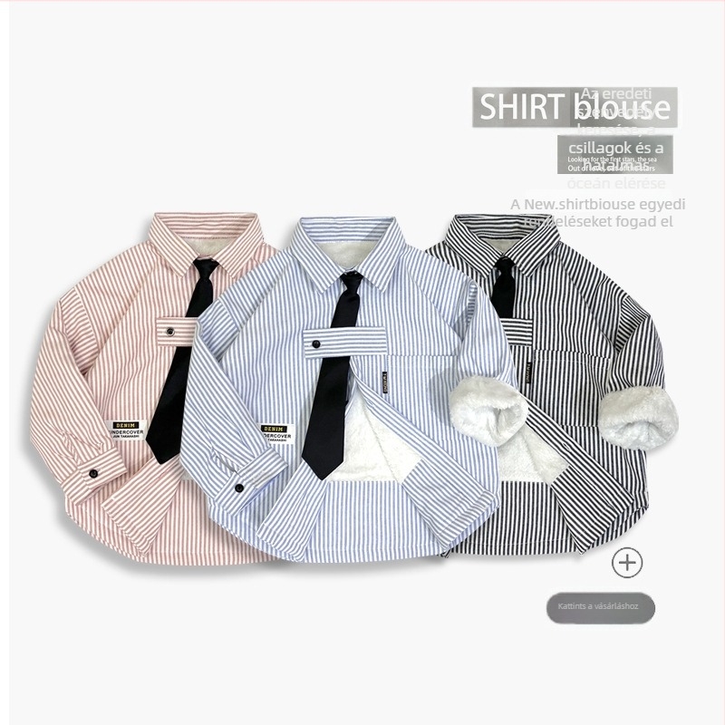 Gyerekeknek készült hosszú ujjú ing, csíkos fleece-bélés, pamut-keverék 60/40, V-nyak, laza stílus, tavasz-ősz