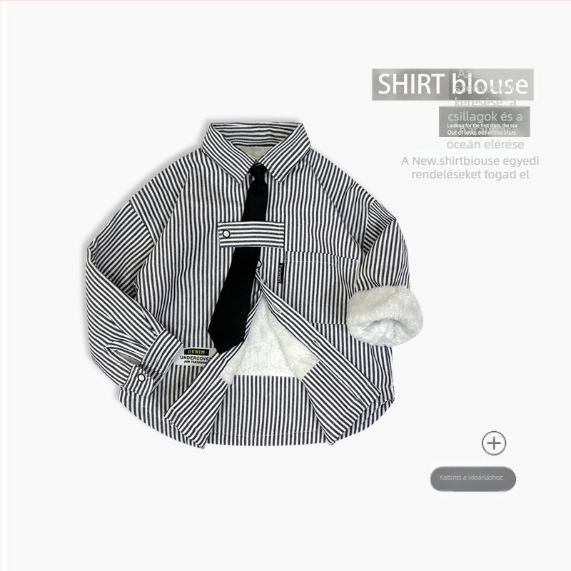 Gyerekeknek készült hosszú ujjú ing, csíkos fleece-bélés, pamut-keverék 60/40, V-nyak, laza stílus, tavasz-ősz