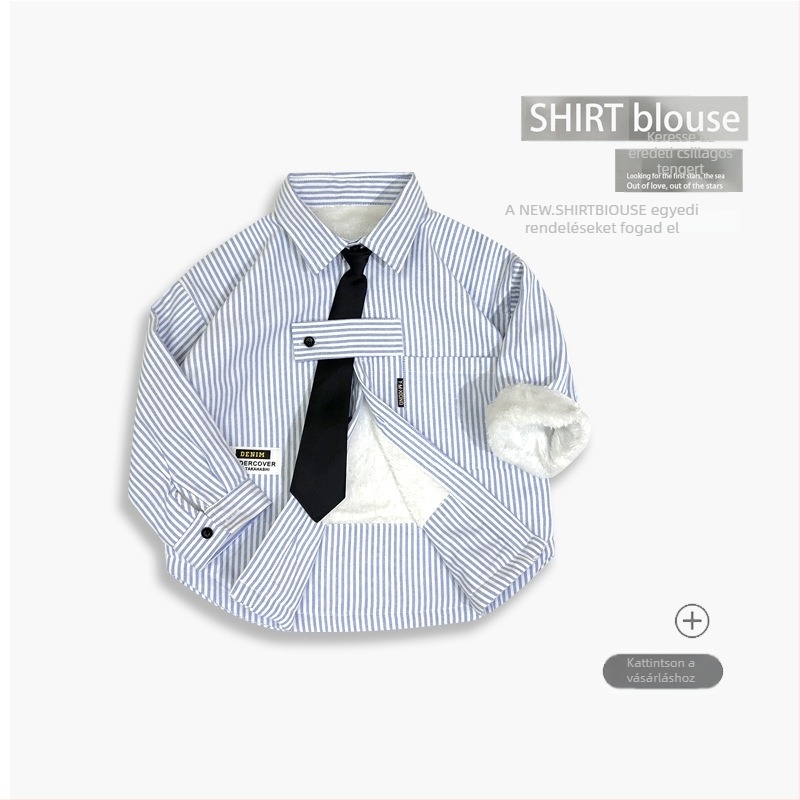 Gyerekeknek készült hosszú ujjú ing, csíkos fleece-bélés, pamut-keverék 60/40, V-nyak, laza stílus, tavasz-ősz
