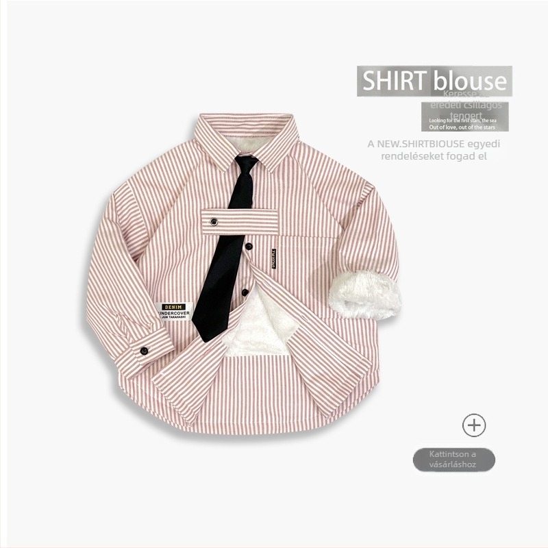 Gyerekeknek készült hosszú ujjú ing, csíkos fleece-bélés, pamut-keverék 60/40, V-nyak, laza stílus, tavasz-ősz