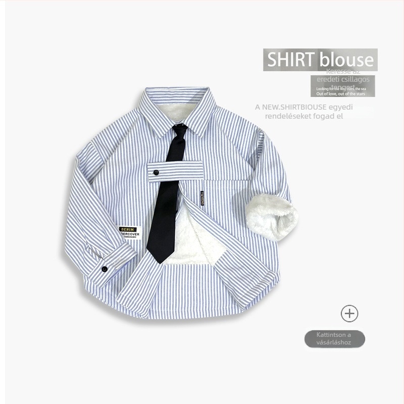 Gyerekeknek készült hosszú ujjú ing, csíkos fleece-bélés, pamut-keverék 60/40, V-nyak, laza stílus, tavasz-ősz