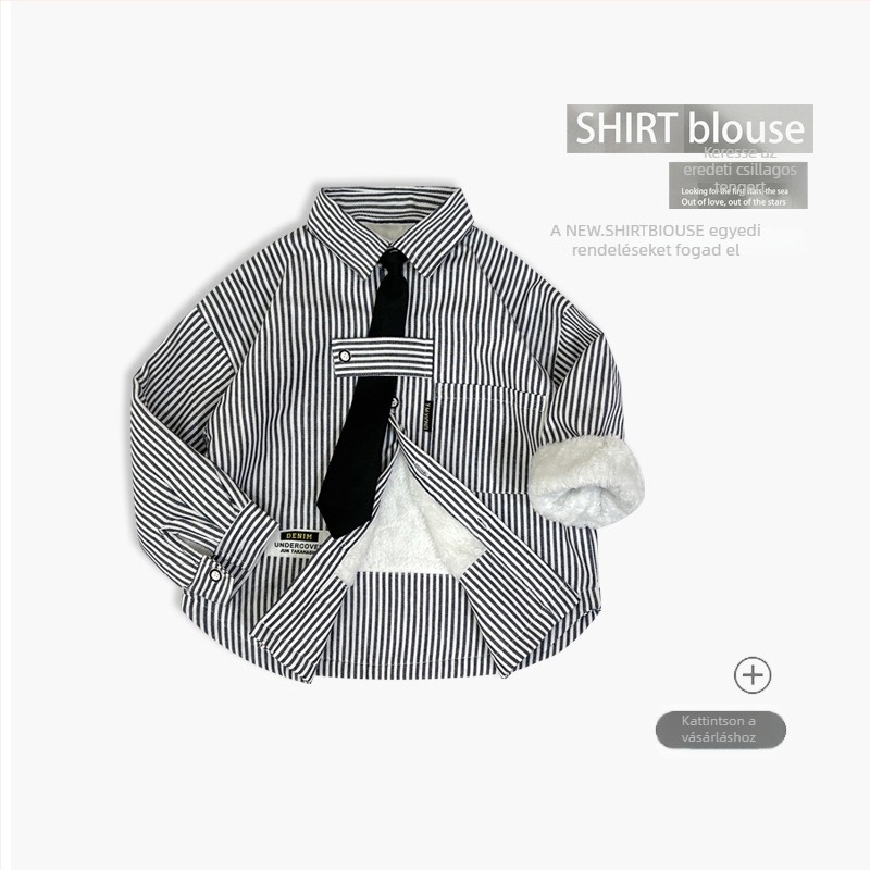Gyerekeknek készült hosszú ujjú ing, csíkos fleece-bélés, pamut-keverék 60/40, V-nyak, laza stílus, tavasz-ősz